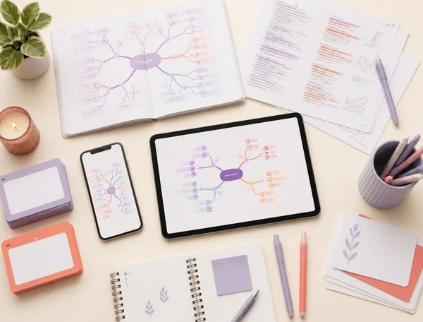 Mapas mentais abertos, fichas de revisão, páginas coloridas, celular e tablet com conteúdos visuais